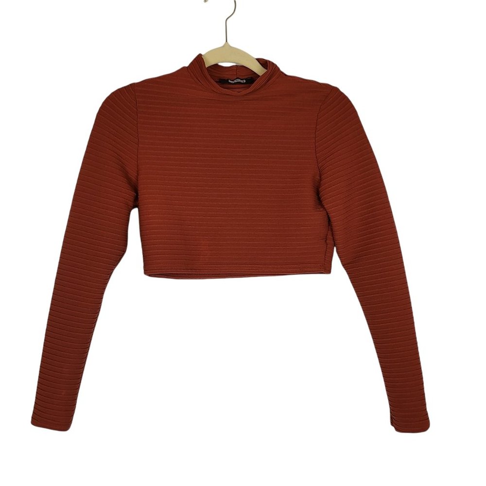 Missguided Ruched Crop Top Women's US Sz 8 Long Sleeve High Neck Rust Brown